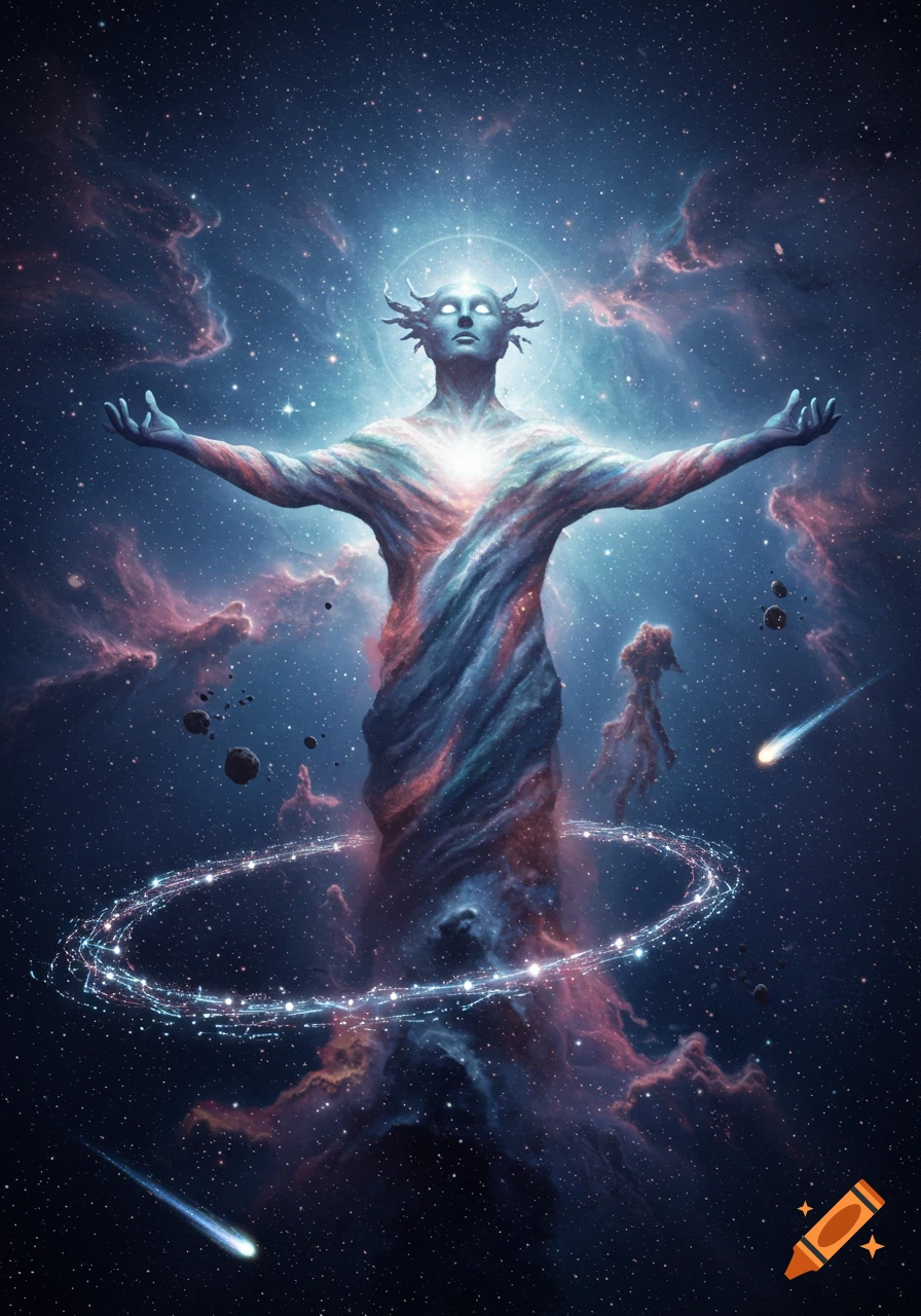 Ethereal cosmic being with outstretched arms glows in a star-filled nebula, surrounded by asteroids and a comet.