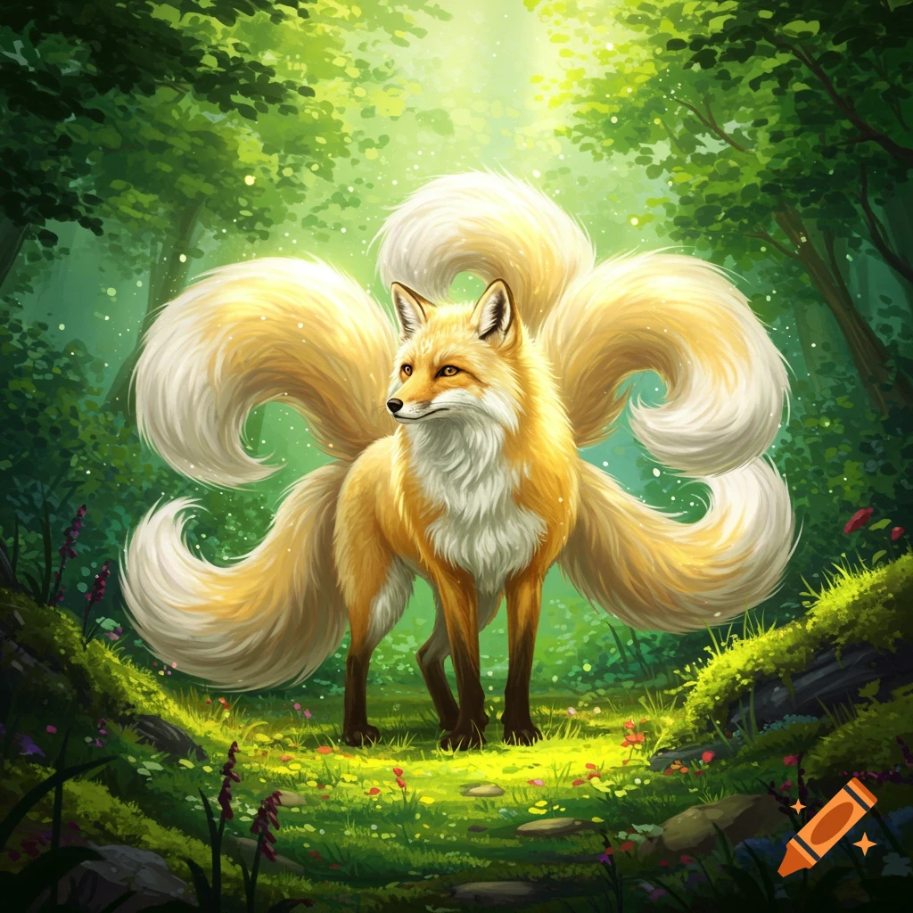 A vibrant golden and white multi-tailed fox stands in a lush, magical forest bathed in dappled sunlight.