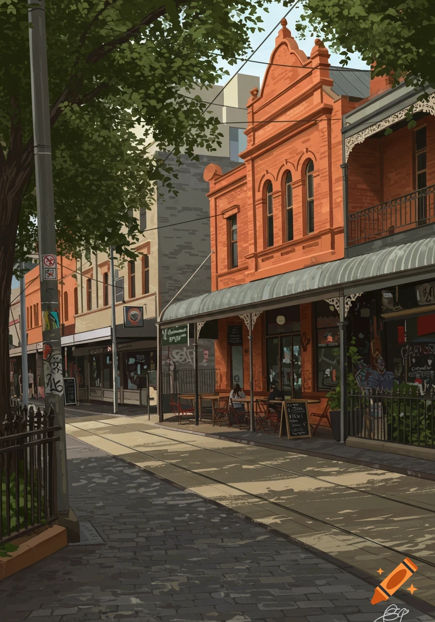 A stylized illustration of a sunny street in North Melbourne with tram tracks, old brick buildings, and an outdoor cafe.