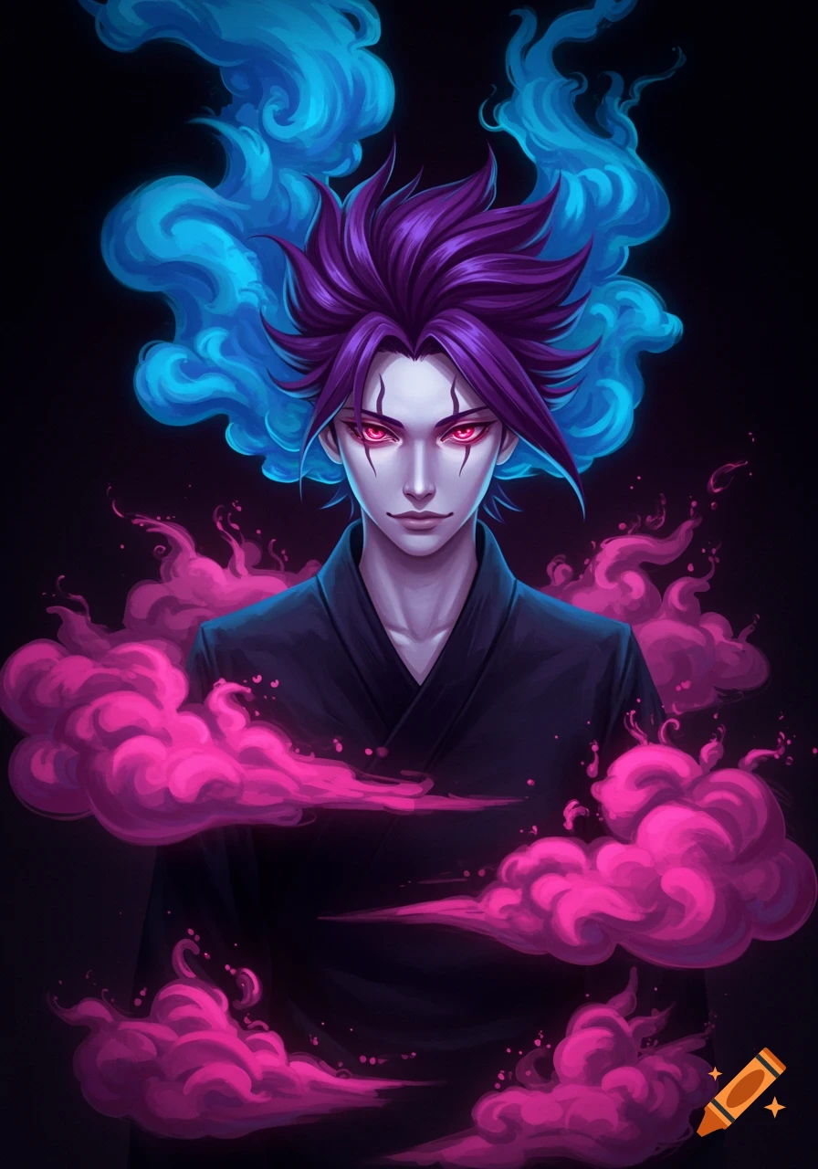 Anime man with purple hair, red eyes, and pale skin, surrounded by blue and pink smoke on a black background.