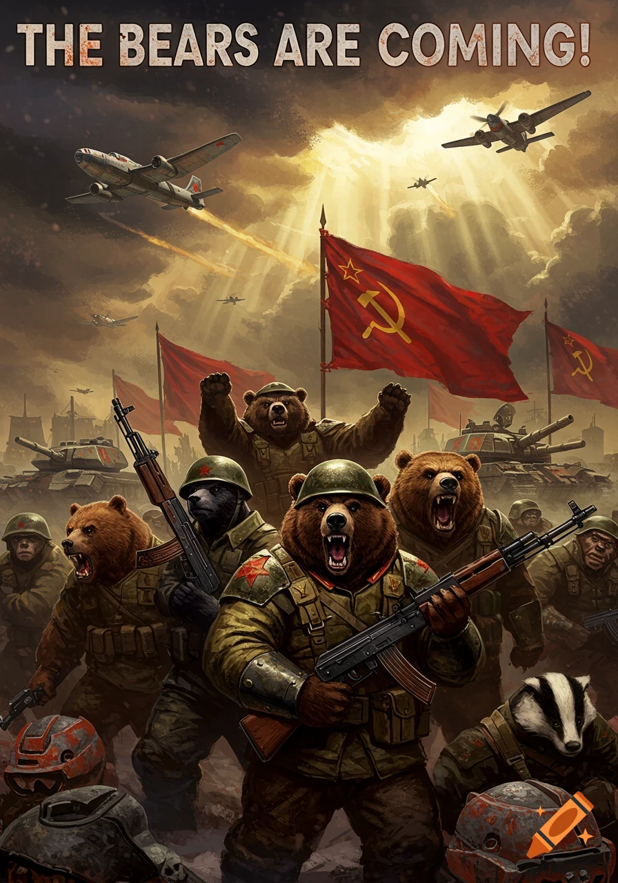 Propaganda poster of anthropomorphic bears and a badger in Soviet military uniforms with AK-47s, tanks, planes, and flags. Text: 'THE BEARS ARE COMING!'