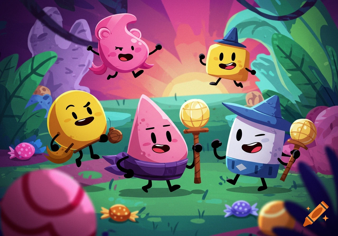 Five happy, colorful cartoon blob and geometric characters in a whimsical fantasy landscape with candy and plants at sunset.