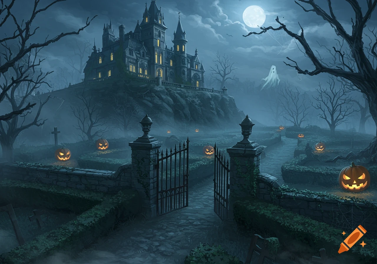 A spooky Victorian castle on a hill under a full moon, with a misty graveyard, bare trees, jack-o'-lanterns, and a ghost.