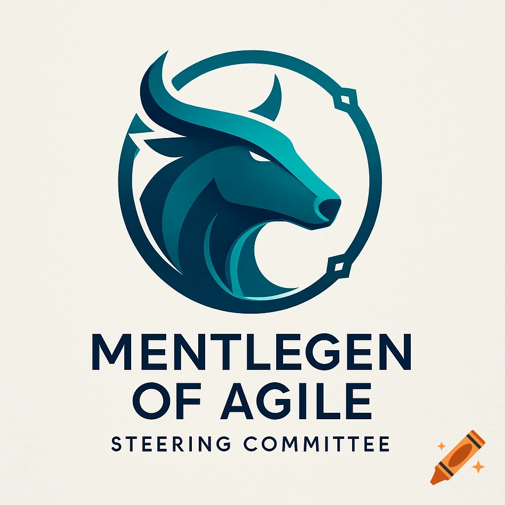 A stylized teal bull head logo within a circle, above the text 'MENTLEGEN OF AGILE STEERING COMMITTEE' on a light background.