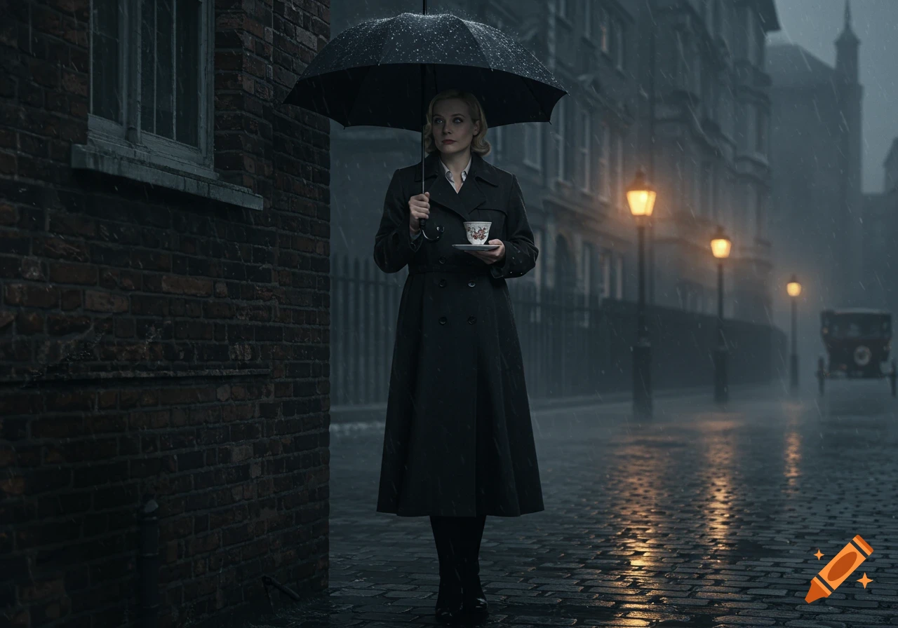 A woman in a dark trench coat holds an umbrella and teacup on a rainy cobblestone street in London, with street lamps and old buildings.