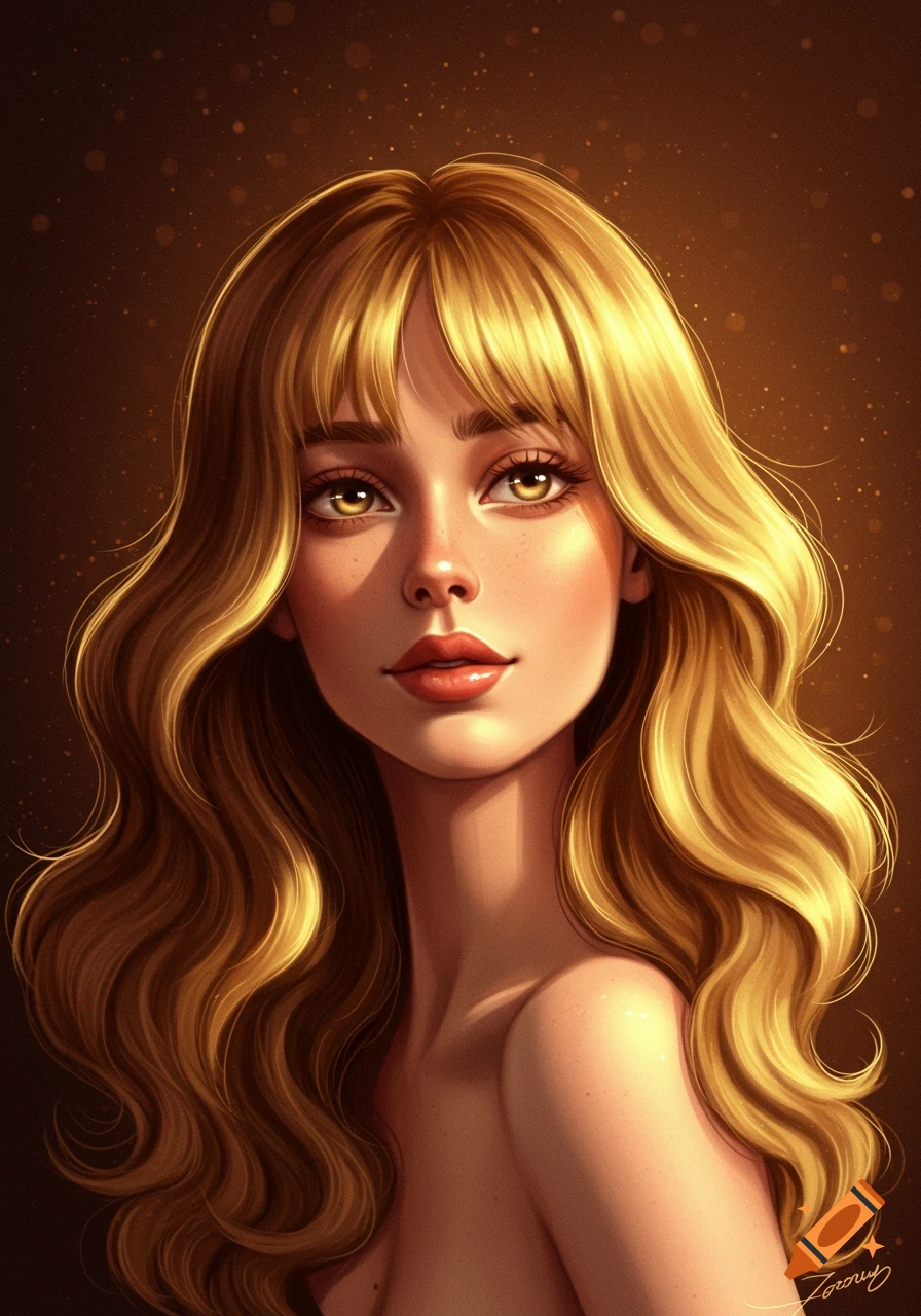 Stylized portrait of a woman with long, wavy golden blonde hair and light curtain bangs, set against a warm, dark background.