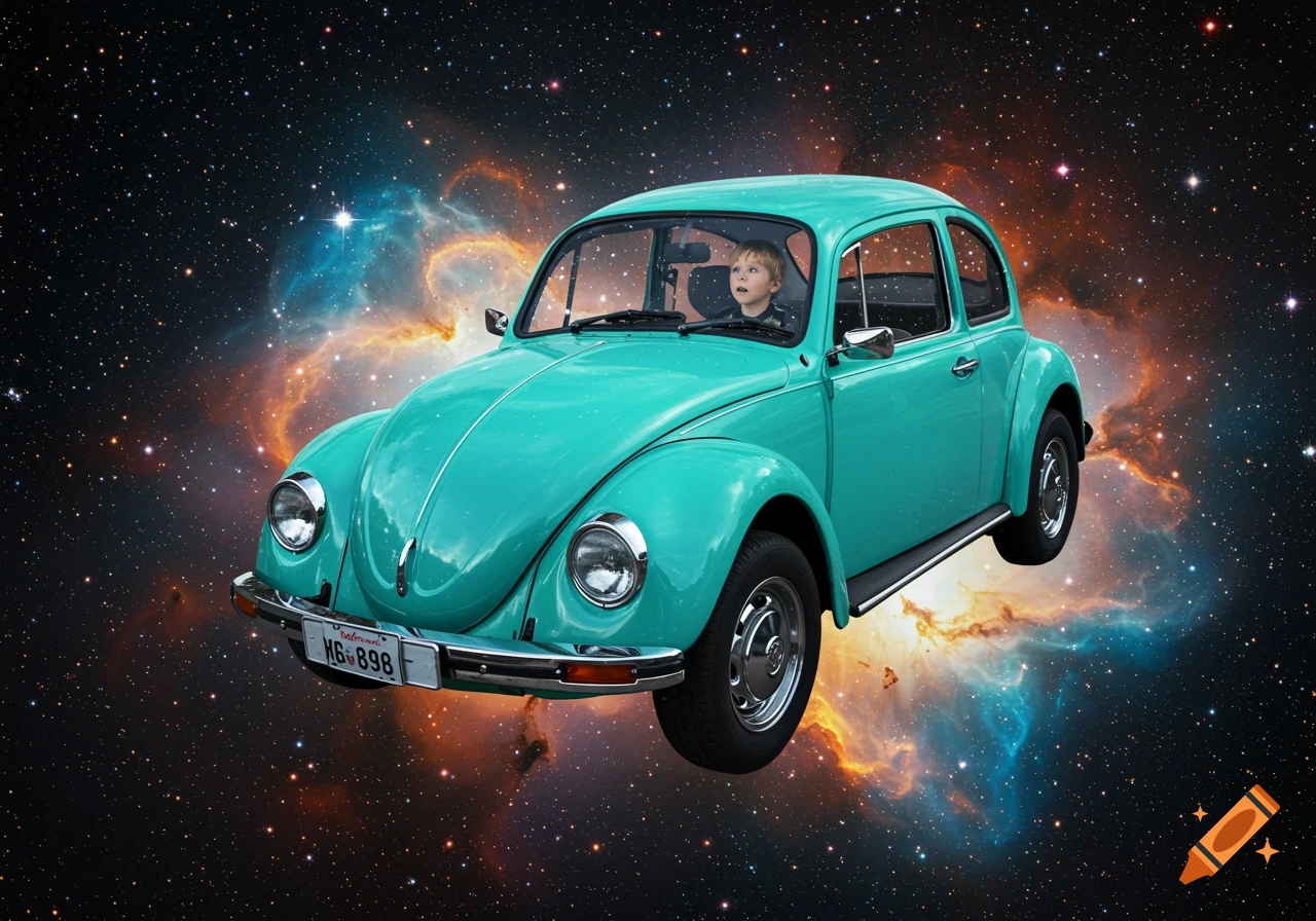 A teal Volkswagen Beetle, with a boy in the driver's seat, floats in space surrounded by colorful nebulae.