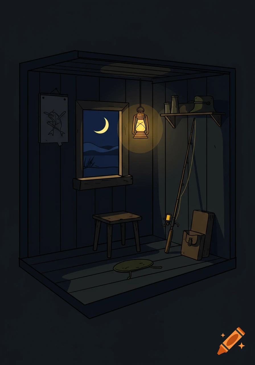 An illustrated fishing shack interior at night with a crescent moon visible through the window, a lantern, fishing rod, and stool.
