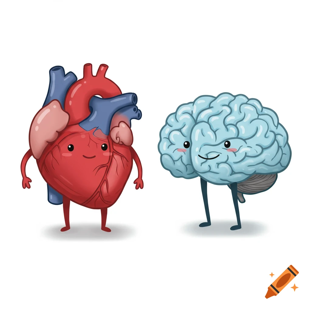 Cartoon illustration of a smiling red heart and a smiling light blue brain standing side by side on a white background.