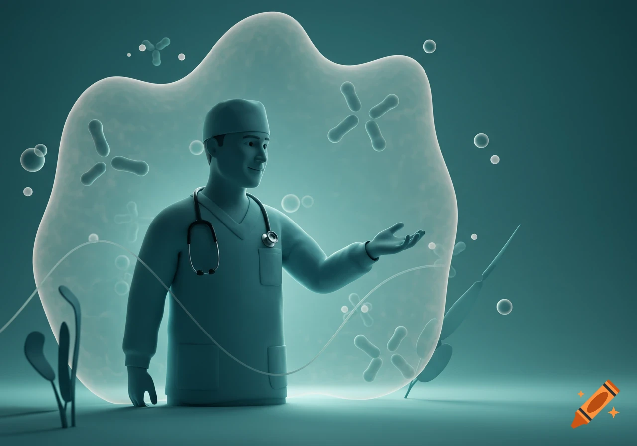 A stylized 3D illustration of a doctor with a stethoscope, extending an open hand, surrounded by a transparent bubble containing microbes, against a teal background.