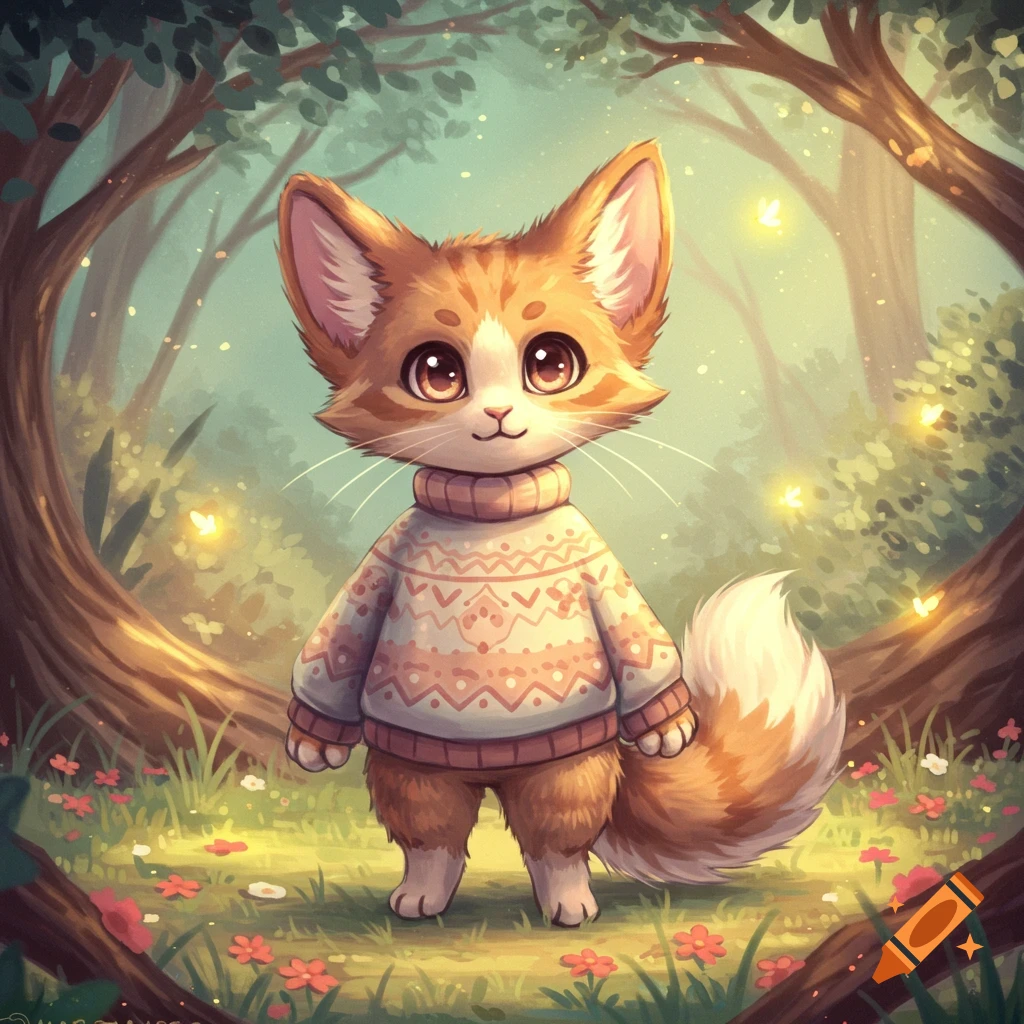 A cute, orange and white striped creature resembling a fox or cat wearing a patterned sweater stands in a magical forest with glowing fireflies.