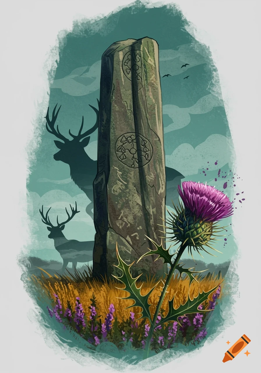 Illustration of a stone monolith with carved symbols, two deer silhouettes, a purple thistle, and wildflowers in a misty Scottish landscape.