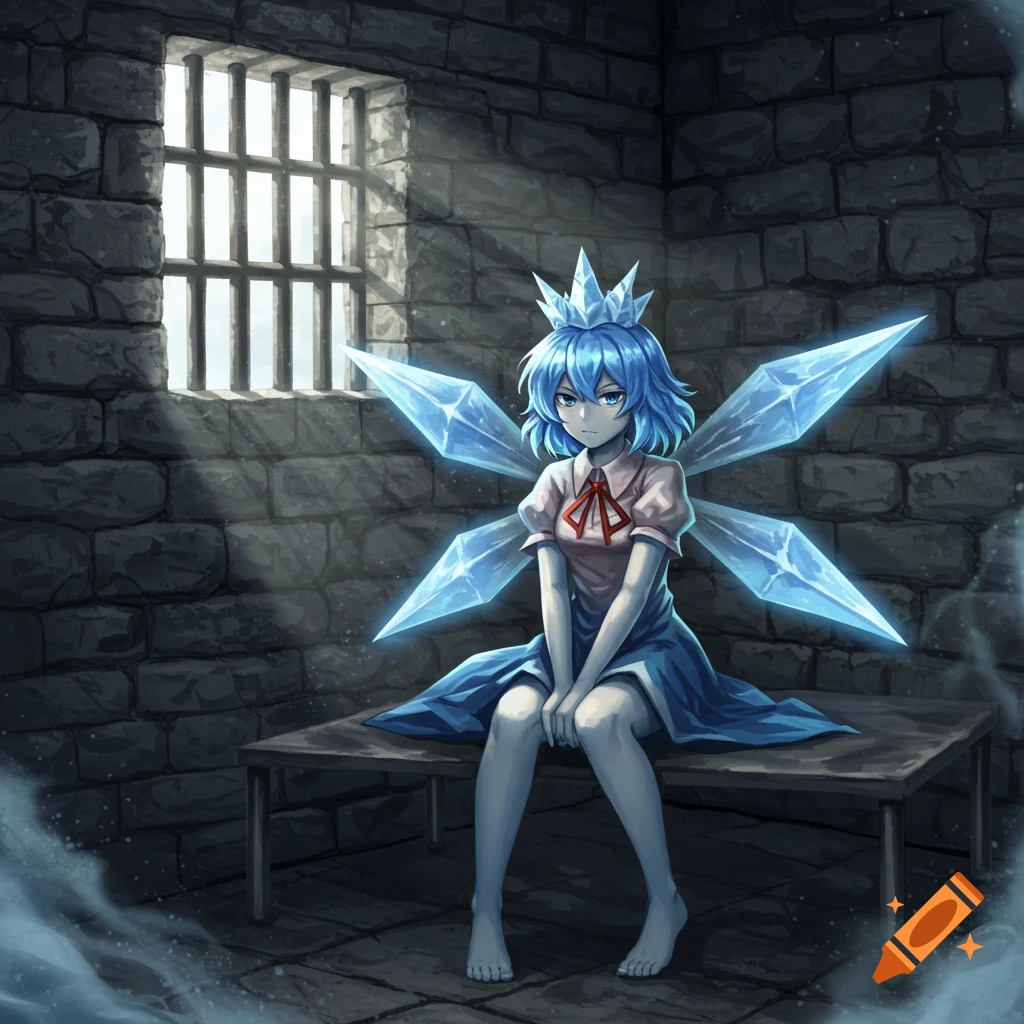 Blue-haired anime character with ice wings and crown sits on a bench in a dimly lit prison cell, light streaming from a barred window.