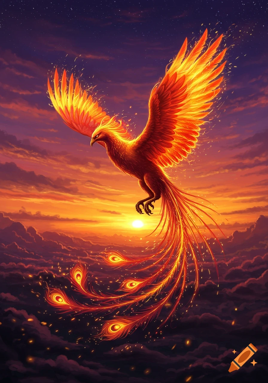 A vibrant, fiery phoenix with glowing wings soars through a sunset sky with clouds and stars.