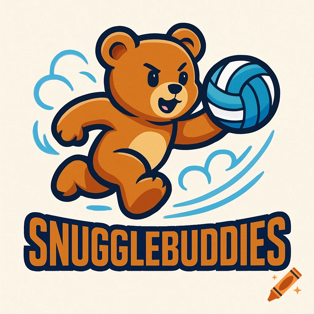 A cartoon teddy bear mascot with a determined expression is depicted running and holding a volleyball. The words "SNUGGLEBUDDIES" are below.