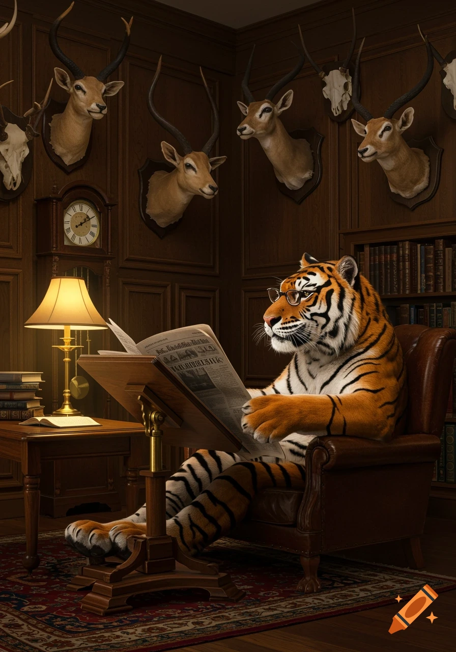 Photorealistic tiger in glasses reads a newspaper in a wood-paneled study with animal trophy heads.