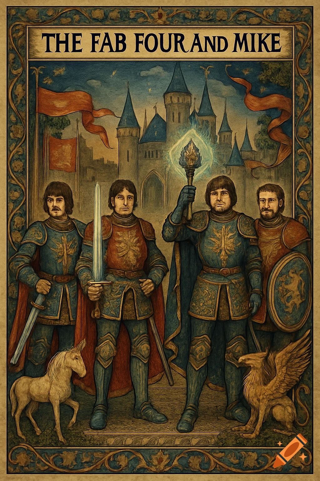 Four medieval knights in armor stand before a castle, with a small horse and griffin. A banner above reads "THE FAB FOUR AND MIKE."