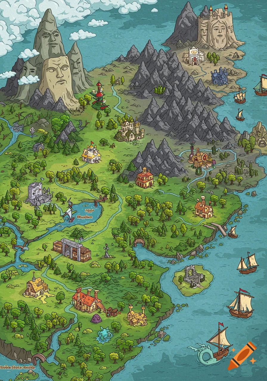 An Adventure Time styled fantasy world map featuring mountains with carved faces, forests, rivers, lakes, towns, and sailing ships.
