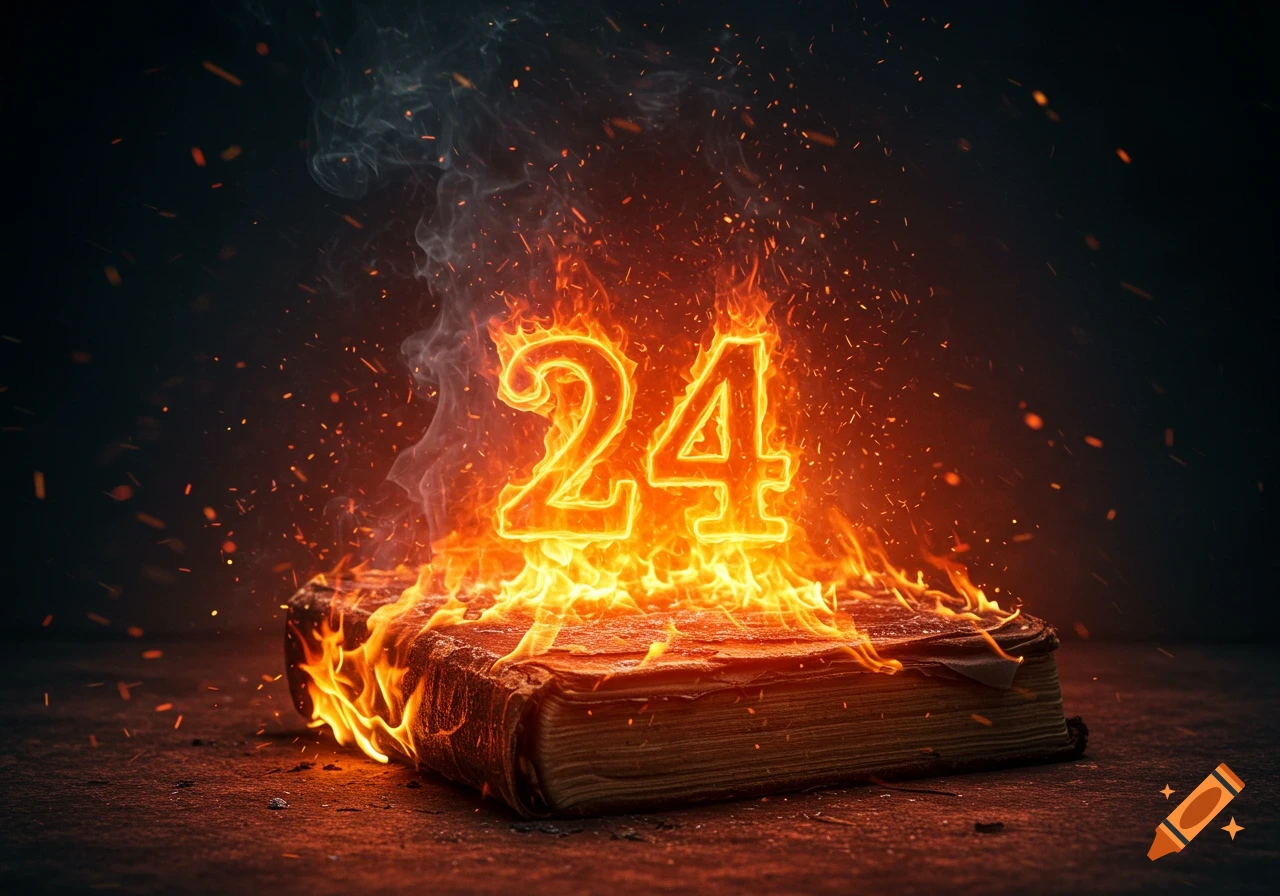 The glowing number 24 rises from a burning book, surrounded by flames and smoke, against a dark background.