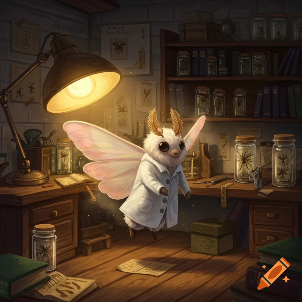 A fluffy white moth in a lab coat floats in a cozy, cluttered laboratory with insect jars and books, lit by a desk lamp.
