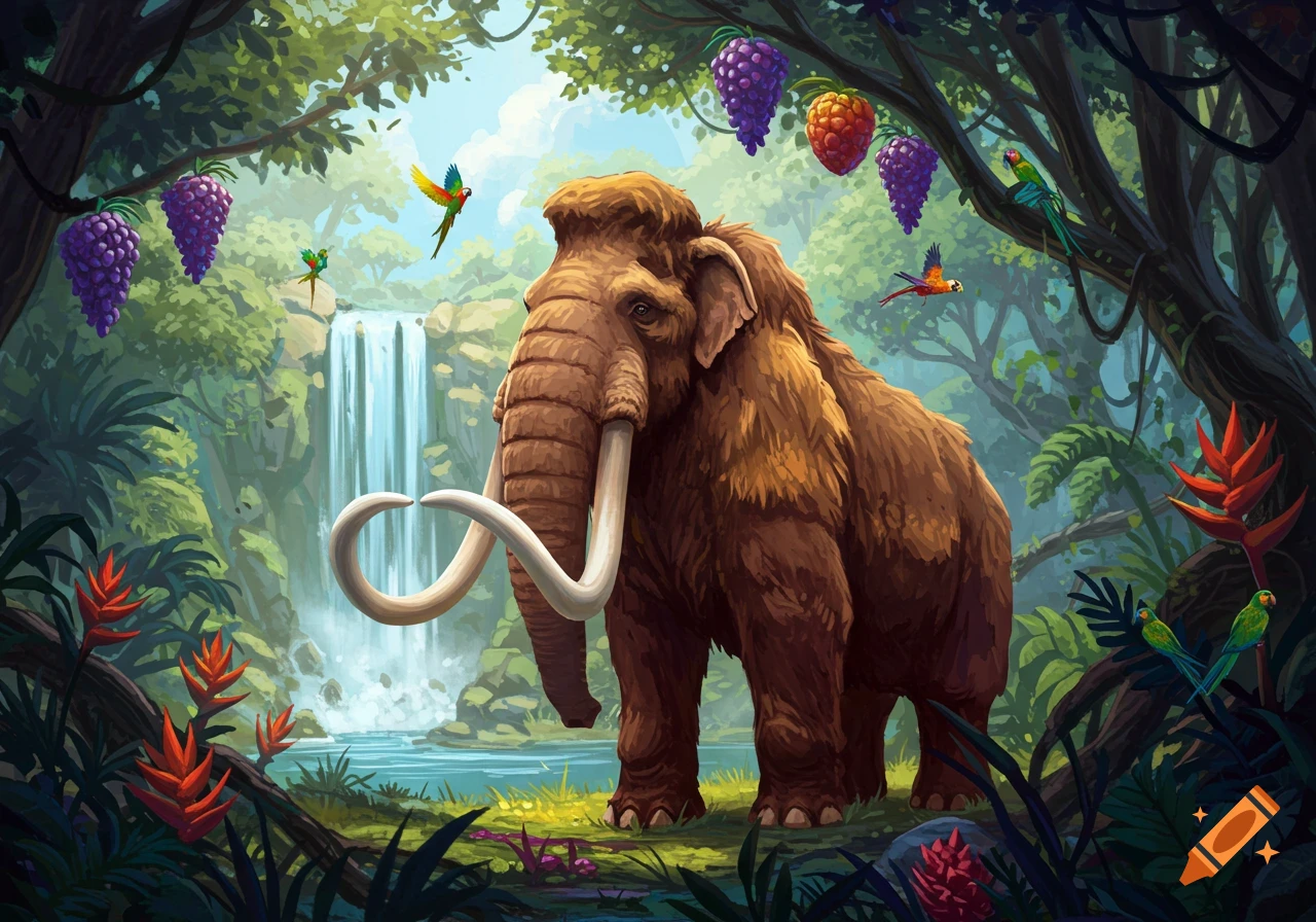 An illustrated woolly mammoth stands in a vibrant jungle with a waterfall, colorful parrots, and large purple and red fruits.