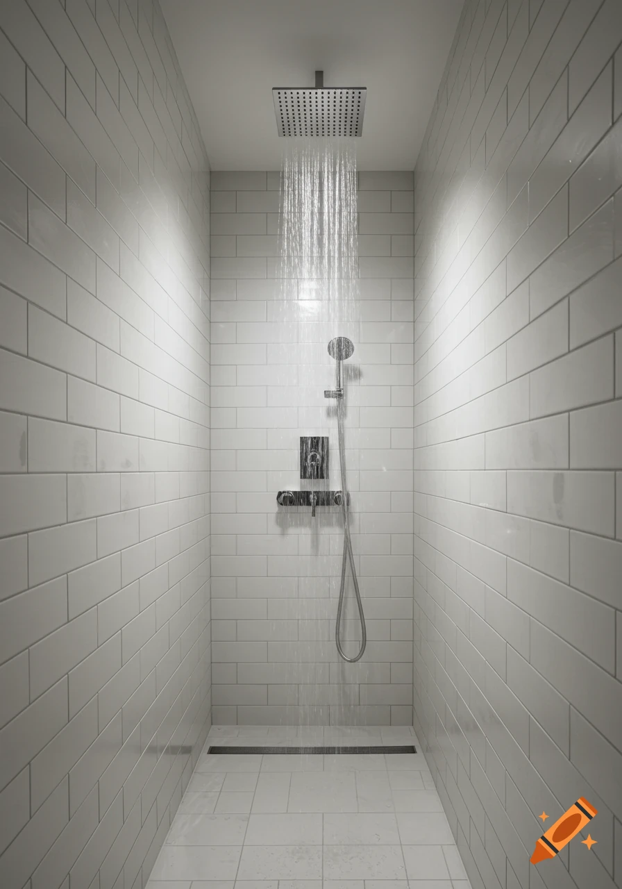 A modern shower stall with white subway tiles, a rain shower head, and a linear drain.