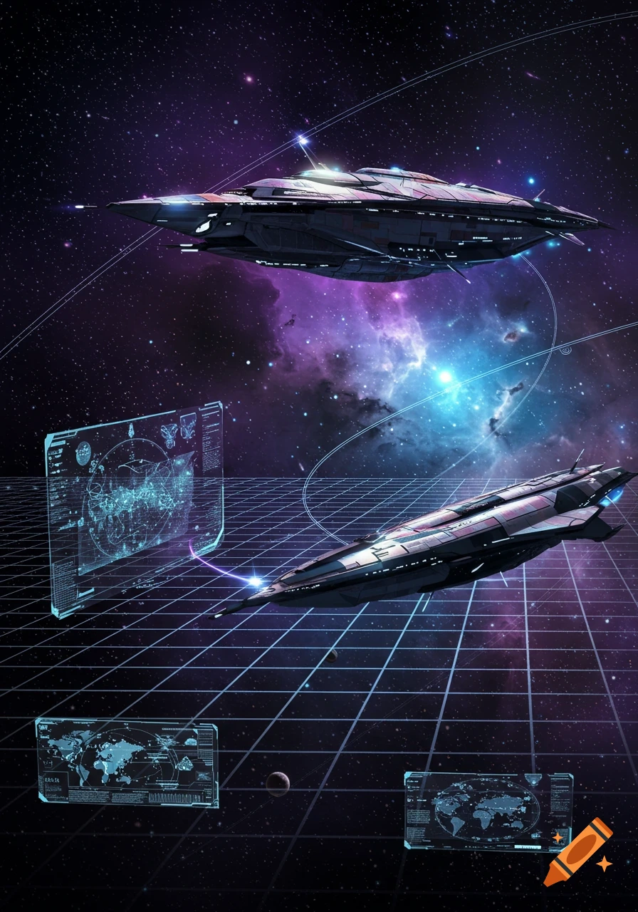 Two futuristic spaceships navigate a purple and blue nebula, marked by a glowing holographic grid and data screens.