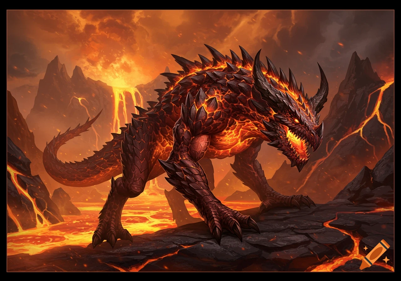 A detailed fantasy illustration of a large, black and orange lava dragon in a fiery volcanic landscape.