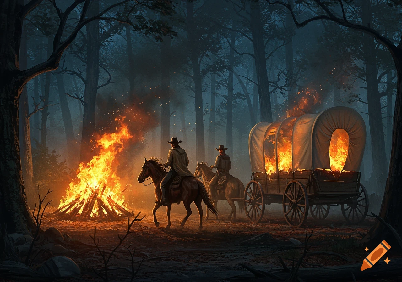 Two cowboys on horses beside a large bonfire and a burning covered wagon in a dark, stylized forest at night.