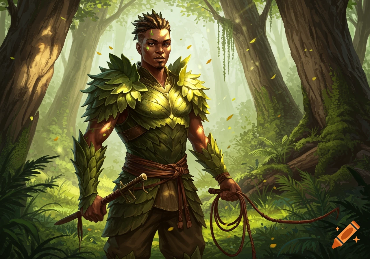 A dark-skinned man with dreadlocks wearing green leaf armor stands in a lush forest, holding a short sword and a whip.