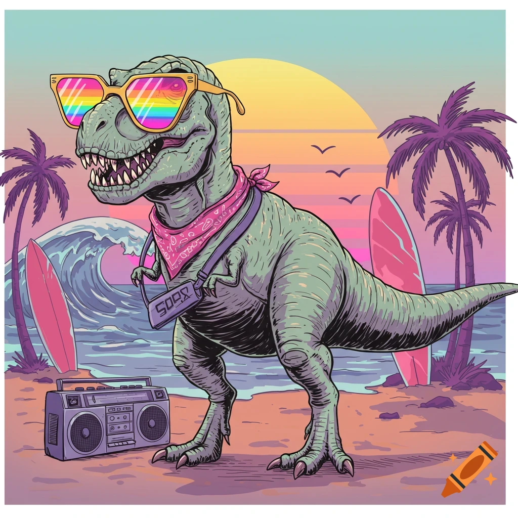 A cool retro cartoon T-Rex wearing rainbow sunglasses and a bandana on a tropical beach with a boombox.