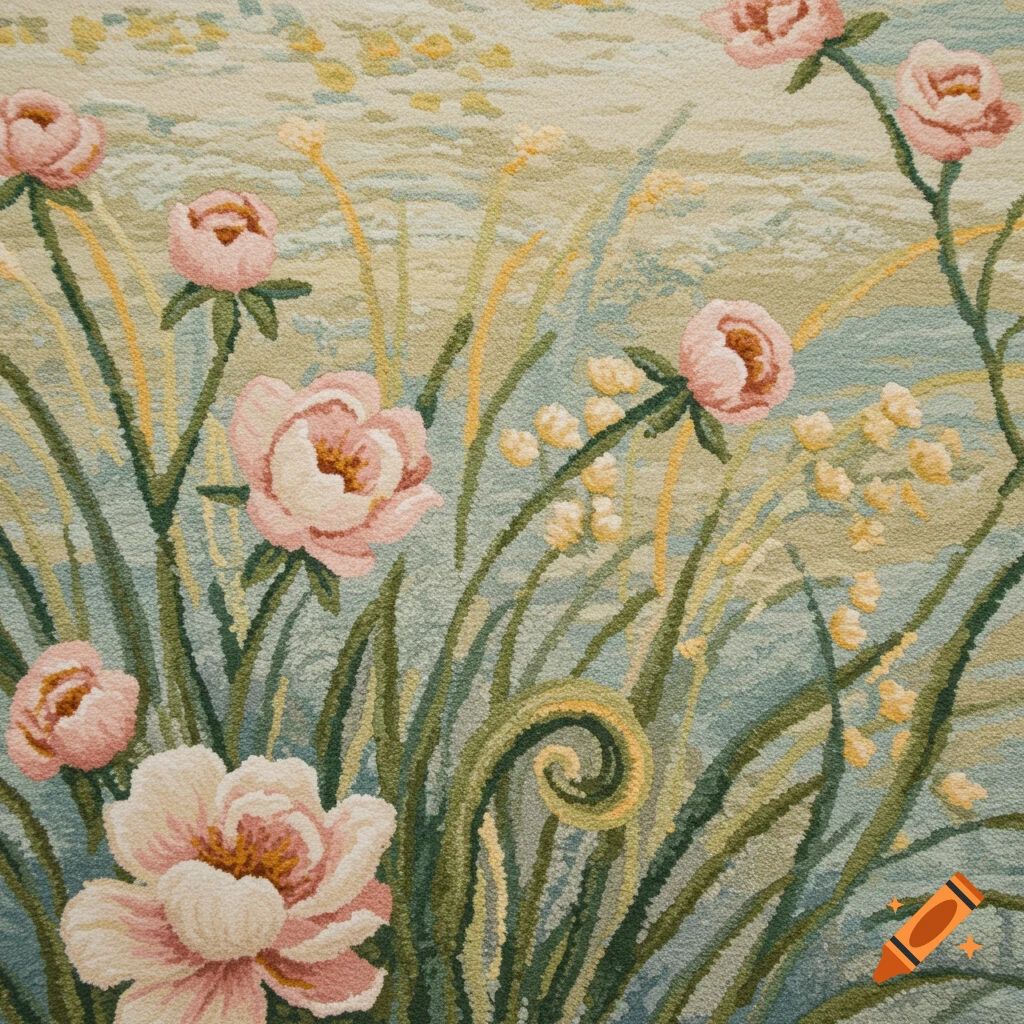 Close-up of a hand-tufted rug featuring pink flowers and green grass on a light blue and yellow background.