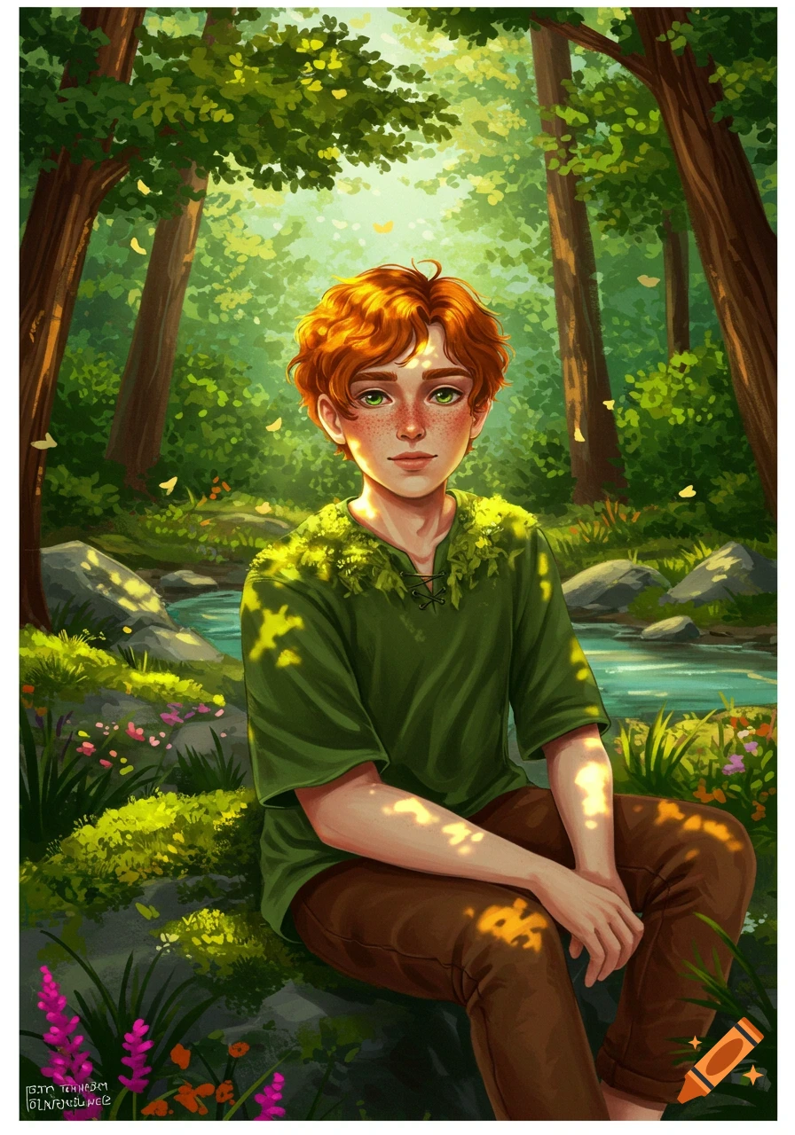 Illustration of a red-haired boy with freckles and green eyes, wearing a green tunic, sitting by a stream in a sunlit forest.