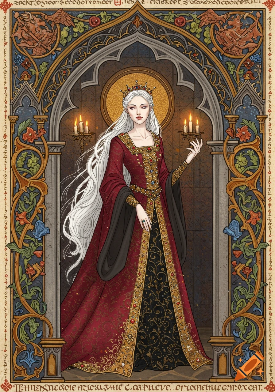A woman with long white hair in a royal red and black gown stands within an ornate medieval manuscript-style archway with decorative borders and candles.