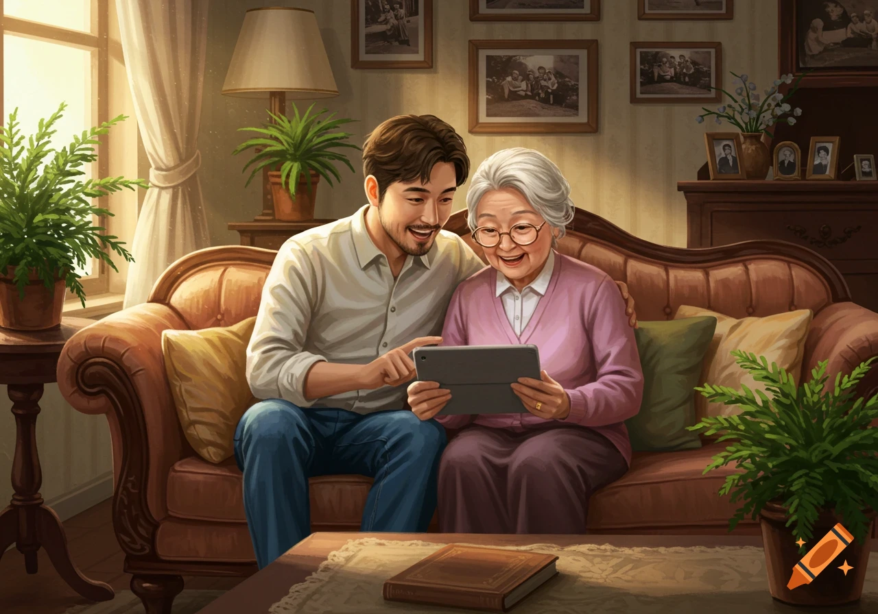 A man and an elderly woman smile while looking at a tablet together on a couch in a cozy living room.