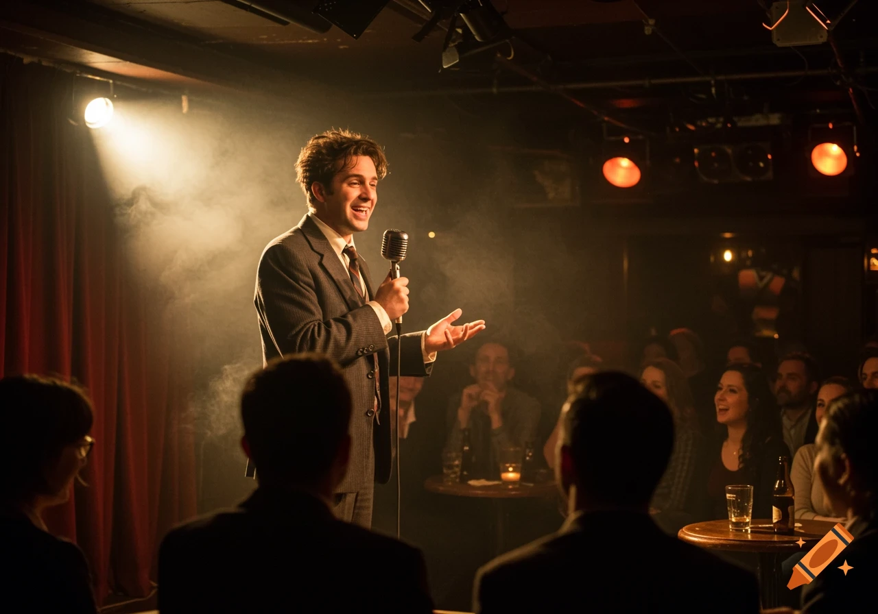 A smiling male comedian performs on a smoky, spotlighted stage in a dimly lit club, holding a microphone.