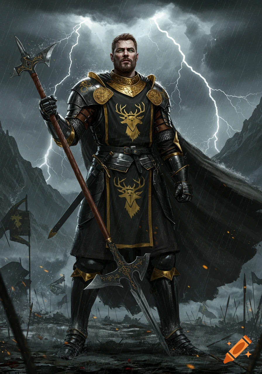 A knight in black and gold armor with stag emblems holds a halberd on a battleground under a stormy sky with lightning.