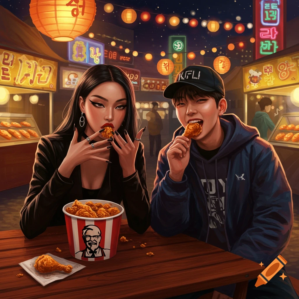 An illustration of a woman and a boy eating fried chicken at an outdoor night market with glowing signs and lanterns.
