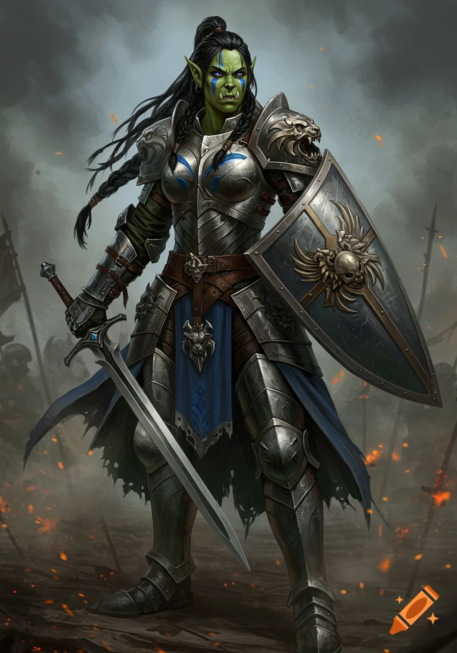 A fierce green-skinned orc woman in detailed silver paladin armor stands on a smoky, fiery battlefield, holding a sword and shield.