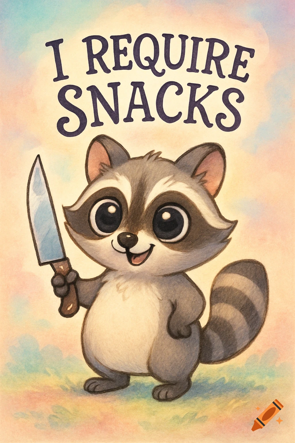 A pastel cartoon drawing of a cute raccoon holding a knife and saying 'I REQUIRE SNACKS'.