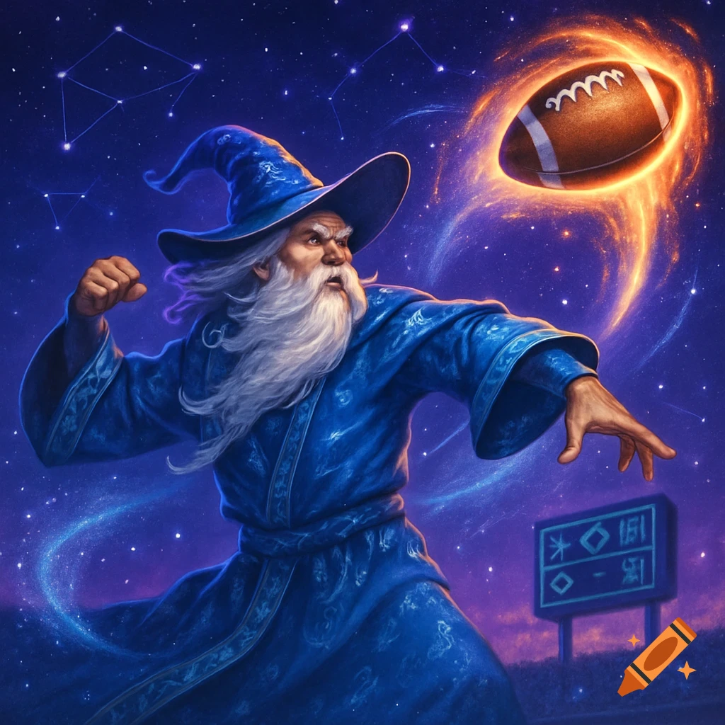 A powerful wizard in blue robes and hat, with a long white beard, throws a fiery American football across a starry night sky.
