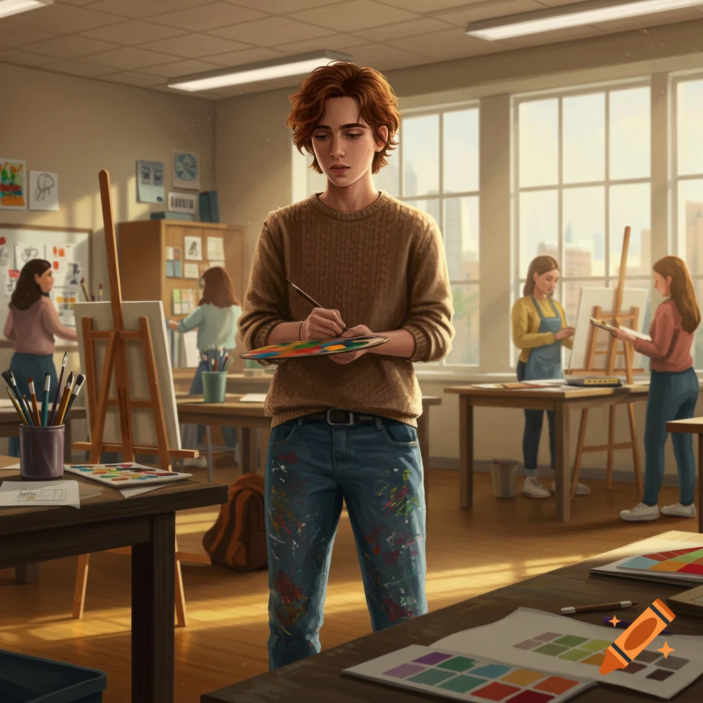 A design student in a high school art class intently paints, mixing colors on a palette. Other students are visible in the background.