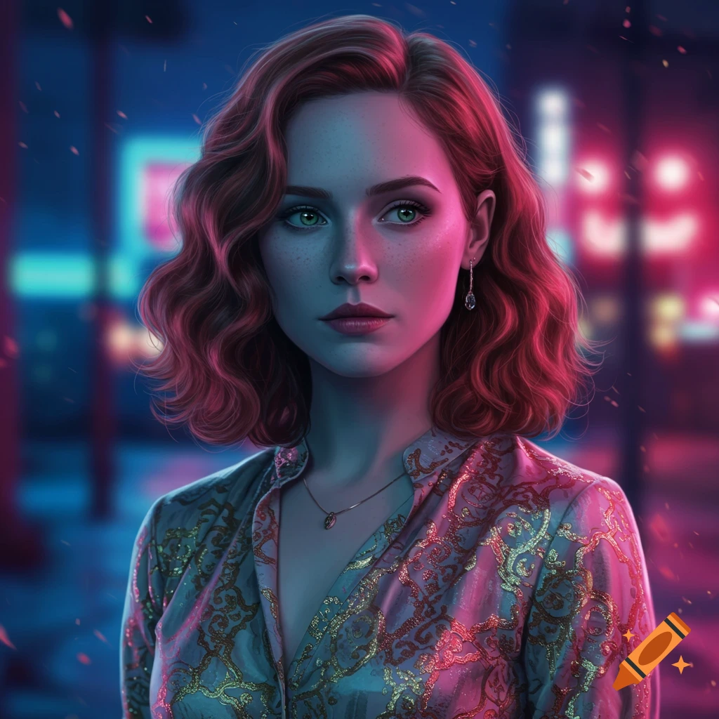 Portrait of a woman with red hair under blue and pink neon lights.