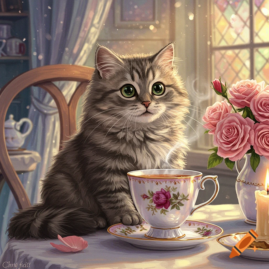 A fluffy gray tabby cat with large green eyes sits at a table next to a teacup with pink roses, a vase of roses, and a lit candle.