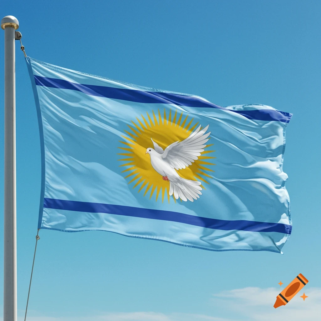 A light blue flag with a white dove against a golden sun, flanked by two dark blue stripes, waving in a clear blue sky.
