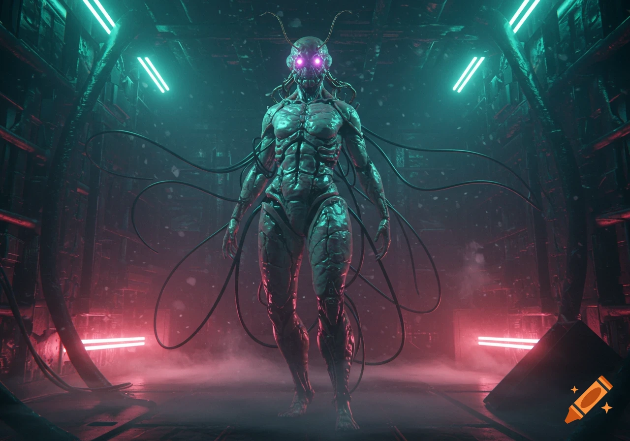 A menacing humanoid insectoid cyborg with glowing purple eyes stands in a dark, bio-mechanical chamber lit by neon green and red lights.
