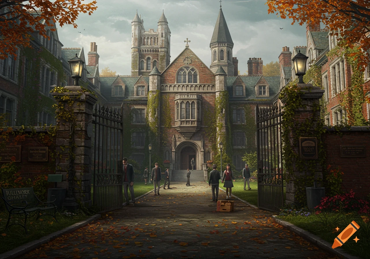 A photorealistic image of a gothic-style academy building with students walking in an autumnal courtyard.