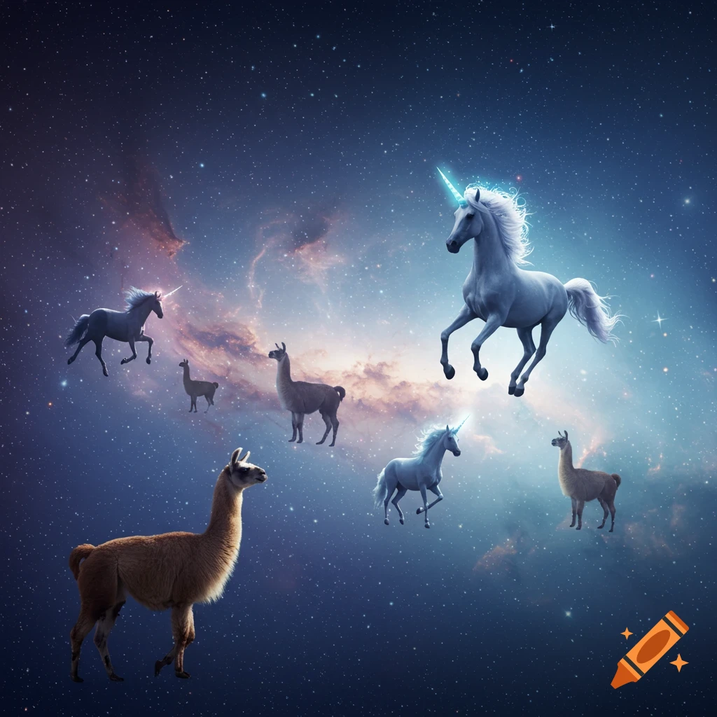 Llamas and unicorns float among stars and colorful nebulae in deep space.