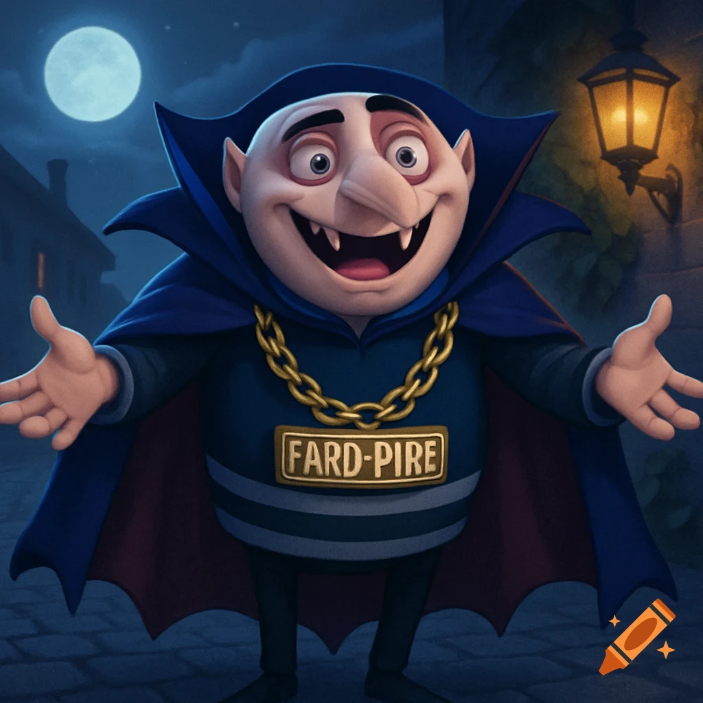 Cartoon Gru-like vampire in a blue cape and a gold chain with "FARD-PIRE" text, standing outdoors at night.