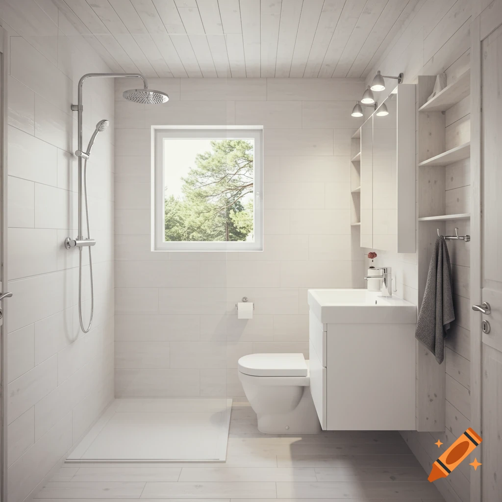 A bright, modern bathroom featuring white tiles, a walk-in shower, toilet, and vanity, with a window offering a view of trees.